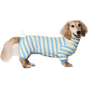 Dachshund Dog Shirt, Thin Striped Base Layer Onesie for Wiener Dogs, Lightweight All-Season Wear, Soft & Comfy Fit for Doxie and Short-Leg Breeds (Blue&Yellow, Size 2 (11-16 lbs))