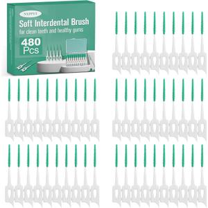 480 Pcs Dental Floss Picks, Soft Silicone Tooth Picks Flossers, Interdental Brushes with Case, Soft Dental Floss Picks for Teeth Cleaning, Braces, Bridges, Adult, Plaque Removal (Green)
