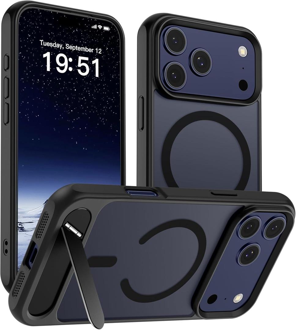 SUPFINE Magnetic for iPhone 17 Pro Max Case (Built-in Invisible Kickstand)(Compatible with MagSafe)(Military Grade Drop Protection) Translucent Matte Shockproof Phone Cover,Black