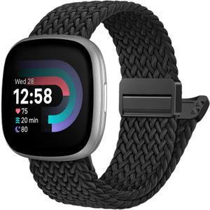 Maledan Compatible with Fitbit Versa 4 Bands for Woman Men/Fitbit Sense 2 Bands/Sense Band/Versa 3 Band, Breathable Soft Elastic Woven Nylon Strap With Clasp Smart Watch Bracelet Accessory (Fit for 5.51"-8.66" (140mm-220mm) Wrist, 01-Black)