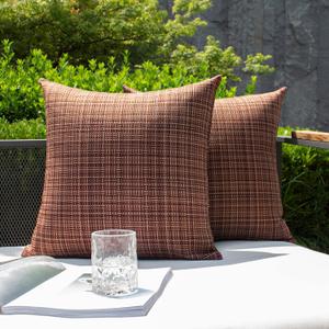 Kevin Textile Pack of 2 Decorative Outdoor Waterproof Throw Pillow Covers Stripe Square Pillowcases Modern Cushion Cases for Patio Couch Bench 18 x 18 Inch Coffee