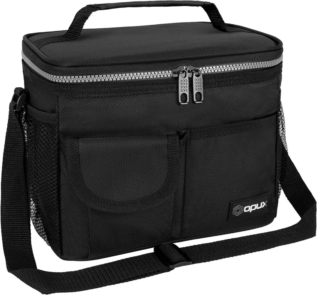 Opux Insulated Lunch Bag for Men Women, Leakproof Black Lunch Box for Work, Portable Soft Lunch Cooler Bag with Shoulder Strap, Adult Lunchbox Lunch Pail for Kid Boy Girl School, 14 Can/8L