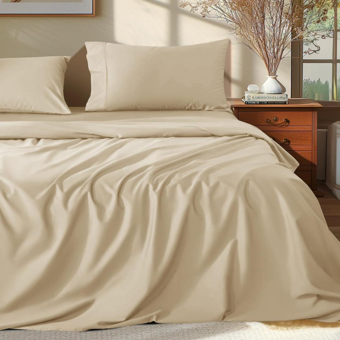 Shilucheng 100% Egyptian Cotton King Size Sheets Set - 1000 Thread CountLuxury Cotton Bed SheetsBreathable & Cooling Bedding and Pillow Cases, 16 Inch Deep Pocket - 4 Piece (Beige, King)