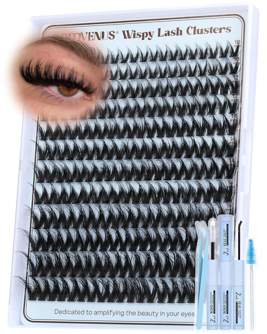 Fluffy Wispy Lash Clusters Kit Natural Eyelashes Clusters D Curl Cluster Eyelash Extensions Lightweight Individual Lashes DIY Eyelash Extension Kit with Waterproof Lash Cluster Glue