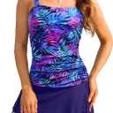 Womens Two Piece Tankini Bathing Suits with Skirt Tummy Control Swimsuits Ladies Swimwear (X-Large, Blue Purple Leaves)