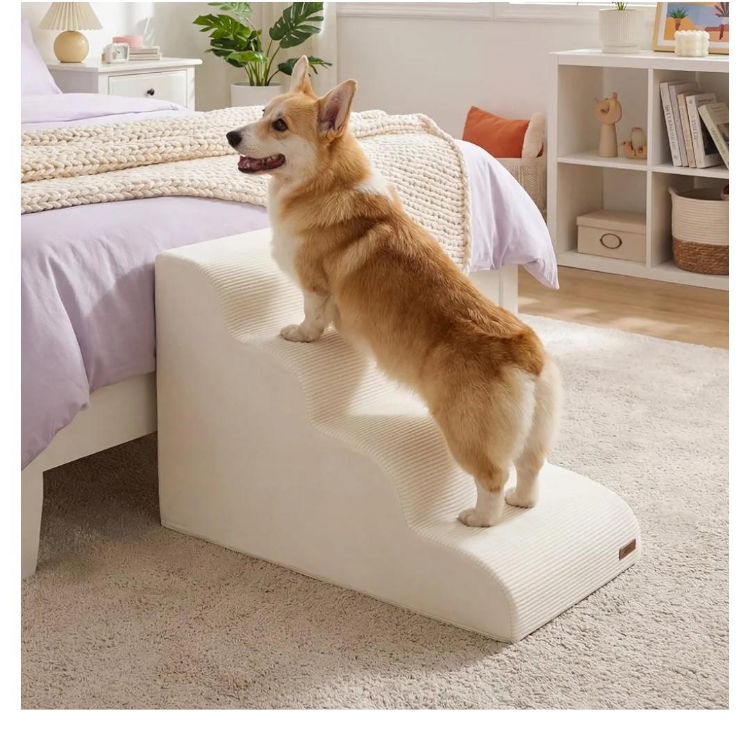 Aodisman 3Step Dog Ramp and Stairs for Sofa and Chair  NonSlip Sturdy Pet Steps for Small Dogs and Cats,15.7" H,Beige