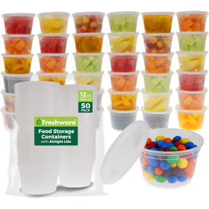 Freshware Food Storage Containers [50 Set] 12 oz Plastic Deli Containers with Lids, Slime, Soup, Meal Prep Containers | BPA Free | Stackable | Leakproof | Microwave/Dishwasher/Freezer Safe