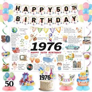 Roetyce 50th Birthday Decorations Women Men, Back in 1976 Poster Happy 50th Birthday Banner Balloons Hanging Swirl Cake Topper Kit, Colorful Funny 50 Years Old Party Supplies Photo Backdrop Background