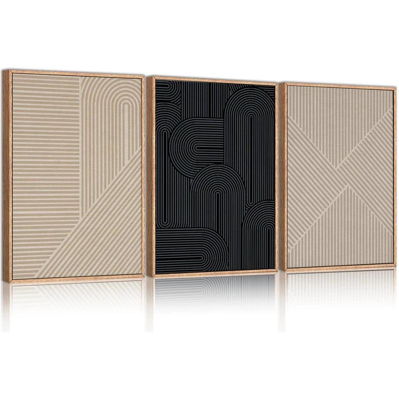 Large Neutral Minimalist Line Framed Canvas Wall Art Set, Boho Black and Beige Wall Decor, Abstract Geometric Modern Art Painting, Painting for Living Room, Bedroom, Dining Room, Office 90x24inch
