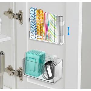 9.6 Acrylic Straw Holder & Cabinet Door Organizer Set, Adjustable Height for Mixed Straw Sizes, Transparent Design, Drainage Holes, Adhesive Installation - Kitchen Cabinet Organizer for Small Spaces