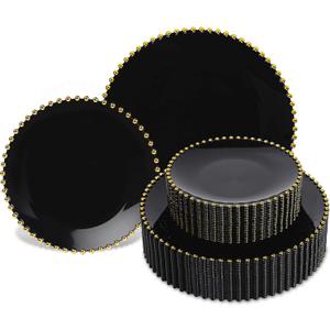 HOMIP 50PCS Fancy Disposable Dinnerware Party Set with Gold Rimed, Elegant Black Plates Include 25Pcs Dinner Plate 10", 25Pcs Dessert Plate 7" with Gold Rimed,Plastic Silverware for Wedding Party