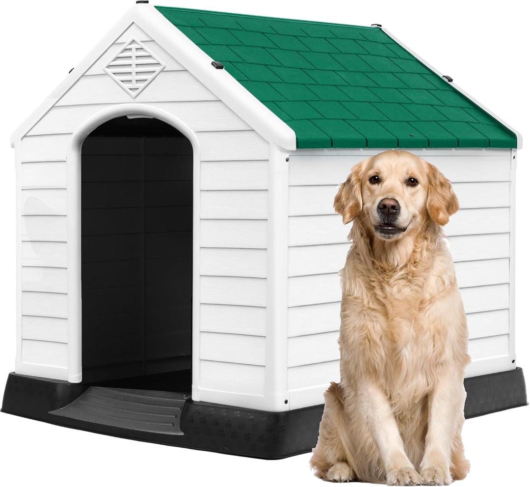 DWVO Plastic Dog House, Weatherproof Outdoor/Indoor Doghouse, Puppy Kennel with Air Vents and Elevated Floor (41.3"L x 38"W x 38.8"H, Green)