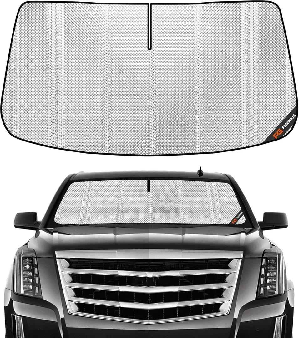 Windshield Sun Shade for 2015-2020 Cadillac Escalade/Escalade ESV, Chevrolet Suburban/Tahoe, GMC Yukon/Yukon XL. Full Front Window Sunshade Coverage (Upgrade Shiny Silver)