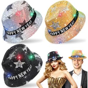 3 Pack Happy New Years Hats Sequin LED Light Up Top Hats New Years Eve Party Supplies 2026, Black Gold Sliver Party Hats New Years Accessories for Women Men Adult Photo Props Birthday New Years Party