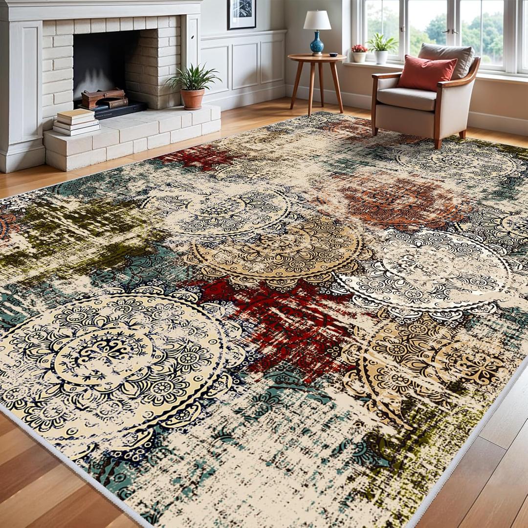 BYYVVO 9x12 Living Room Area Rugs - Washable Abstract Large Rug Ultra Soft Non-Slip Carpets for Bedroom Stain Resistant Low Pile Carpet Indoor Home Decor Mat 9x12 Red Green Multi
