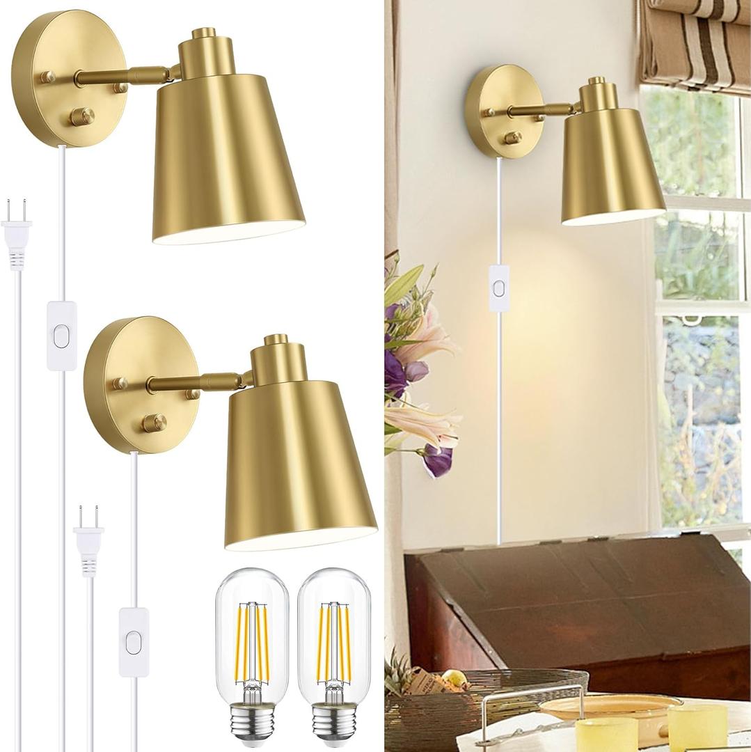 Lomoky Dimmable Wall Sconces Plug in, Adjustable Angle Wall Lamps with Plug in Cord and Dimmer On/Off Knob Switch, Gold Wall Light with Metal Shade for Bedroom Bedside Doorway (2 Bulbs Included)