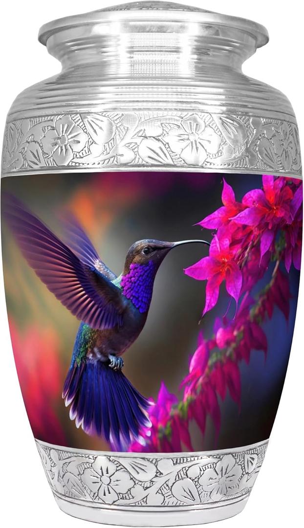Urn for Ashes for Women & Men, Cremation Urns for Human Ashes Adult Female & Male, Funeral Decorative Urns for Burial, Hand Engraving, Purple Hummingbird Urn, Flower & Bird - Large Full Size