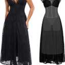 Popilush Women's Formal Wedding Guest Lace Sleeveless V Neck Maxi Shapewear Dress Evening Mother of Bride Split Dresses, L
