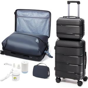 Vacuum Suitcase Carry On Luggage with Vacuum Compression, Airline Approved 20 inch Travel Luggage with Spinner Wheels, TSA Lock, Beauty Case, Toiletry Bag, Air Pump (Black)