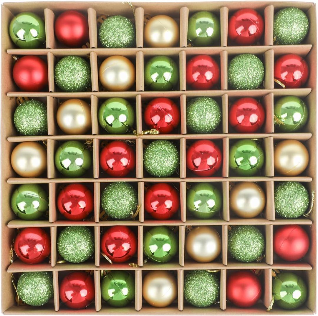 DERAYEE 49 Pcs Mini Christmas Balls Tree Ornaments, 1.2 Inch Small Shatterproof Xmas Hanging Decorations Red Green Gold Christmas Ball Ornaments for Home Party Xmas Decor