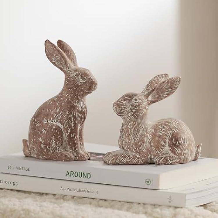 DN DECONATION Set of 2 Easter Bunny Figurines, Brown Resin Rabbit Statue Decor, Ornaments for Spring Home Decor, Bunny Decorations for Coffee Table Shelf Mantel, Decorative Rabbit Figurines Gift
