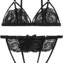 SOLY HUX Women's 2 Piece Lingerie Set Floral Lace Sexy Sheer Mesh Embroidered Garter Babydoll Wireless Bra and Panty Sets (Black, L)