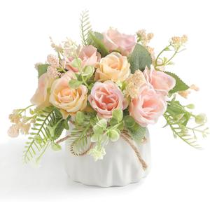 Artificial Rose Flower Plants with Small Ceramic Vase Fake Silk Variety Flower Balls Flowers Decoration for Table Home Living Room Party Office WeddingChampagne Powder