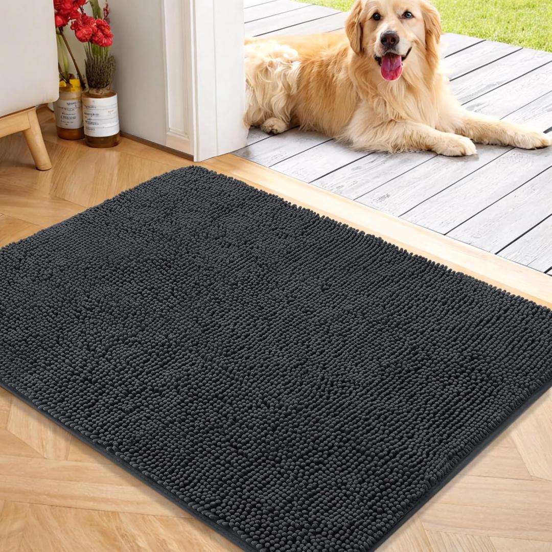 OLANLY Dog Door Mat for Muddy Paws 40x32, Absorbs Moisture and Dirt, Absorbent Non-Slip Washable Doormat, Quick Dry Chenille Mud Mat for Dogs, Entry Indoor Entryway Carpet for Inside Floor, Dark Grey (40" x 32")