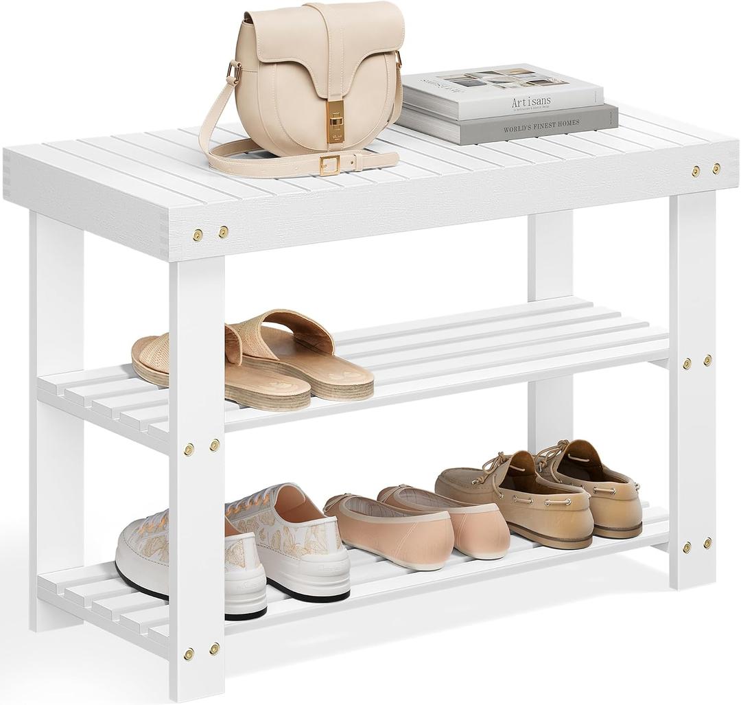 SONGMICS Shoe Rack Bench, 3-Tier Bamboo Entryway Bench, 27.6 Inches Width