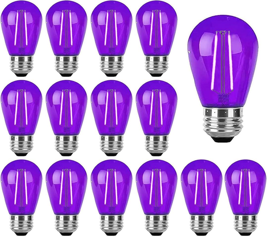 15 Pack Purple LED Bulb S14 Replacement Light Bulbs 2W Plastic Shatterproof Night Bulb E26 Base Purple String Lights Waterproof Vintage Bulb for Halloween Christmas Wedding Party Patio, Purple