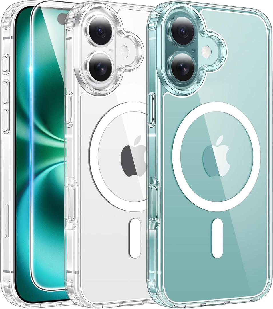 FNTCASE for iPhone 16 Case Clear: Magnetic Phone Cases with Screen Protector Drop Proof Compatible with Magsafe Slim Anti Yellowing Rugged Shockproof Protective Transparent Cell Cover (A-Clear)
