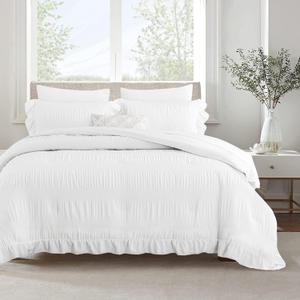 White Comforter Set Queen Size Seersucker Design with Ruffled Edges, Soft Bedding Set Queen Size 3 Pcs, Down Alternative Light Weight Comforter Set (White,90"x90")