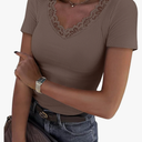 Women Short Sleeve Lace V Neck Shirts Ribbed Knit Fitted Basic Tee Tops Business Dressy Casual Summer Blouses T-Shirt, L