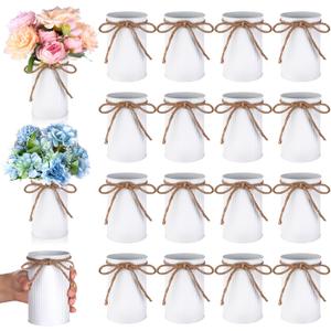 16 Pcs High Farmhouse Vase Decor 4.3" Metal Flower Vases Iron Rustic With Twine Small Bulk Centerpieces for Table Weddings Home Office Decoration Flower Arrangement (White)