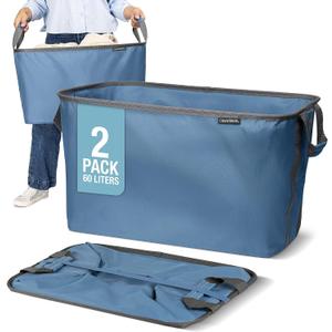 CleverMade Collapsible Laundry Basket 2 Pack 60L (16 Gal) Foldable Clothes Hamper with Reinforced Handles, Space Saving Fabric Laundry Bin, Holds 55 lbs, Flat Folding for Dorm, Apartment & RV - Denim