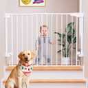 Cumbor 29.243" Baby Gate for Stairs, Wall-Mounted (Drill Required), Expandable No Bottom Bar Dog Gate, Auto Close Extra Wide Walk Thru, Pet & Toddler Proof Gate, Top & Bottom of Stairways (White)