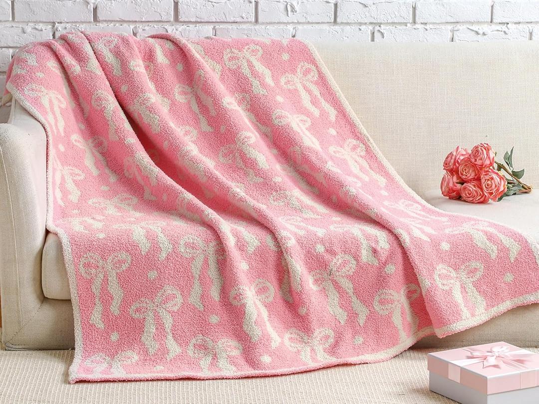 Buryeah Pink Bow Blanket Soft Microfiber Double Sided Bow Throw Blanket 50"x 60" Coquette Aesthetic Plush Bedding Stuff Sofa Chair Dormitory Room Decor for Women, Wedding Bridesmaid Gifts, Mother