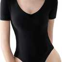 PUMIEY Women's V Neck Short Sleeve Bodysuit Sexy Tops Sharp Collection (Large, 01 Jet Black)