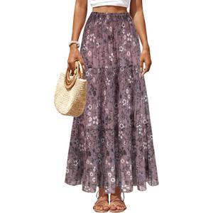 Women's Chiffon Pleated Maxi Skirt Elastic High Waisted Boho A-Line Fall Flowy White Long Skirts with Lining, Large