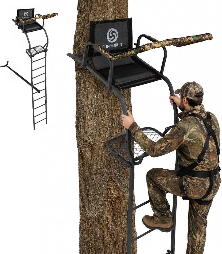 FUNHORUN Ladder Tree Stand for Deer Hunting, 15FT Treestand with Seat | Hunting Stand with Shooting Rail, Camouflage Fabric Armrest, 1 Person Heavy Duty Stand, Elevated Climbing Treestand Platform