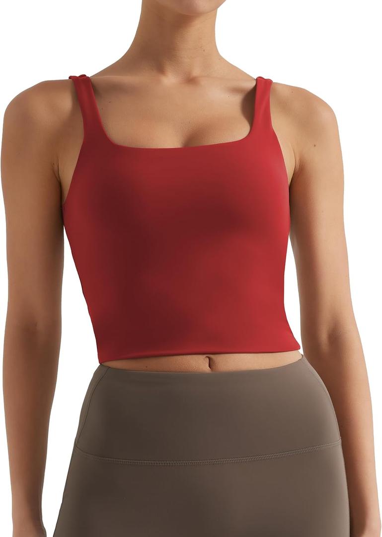Womens Sports Bra  Workout Crop Tank Tops for WomenSleeveless Square Neck Padded Bras with Built in Bra (Red, M)