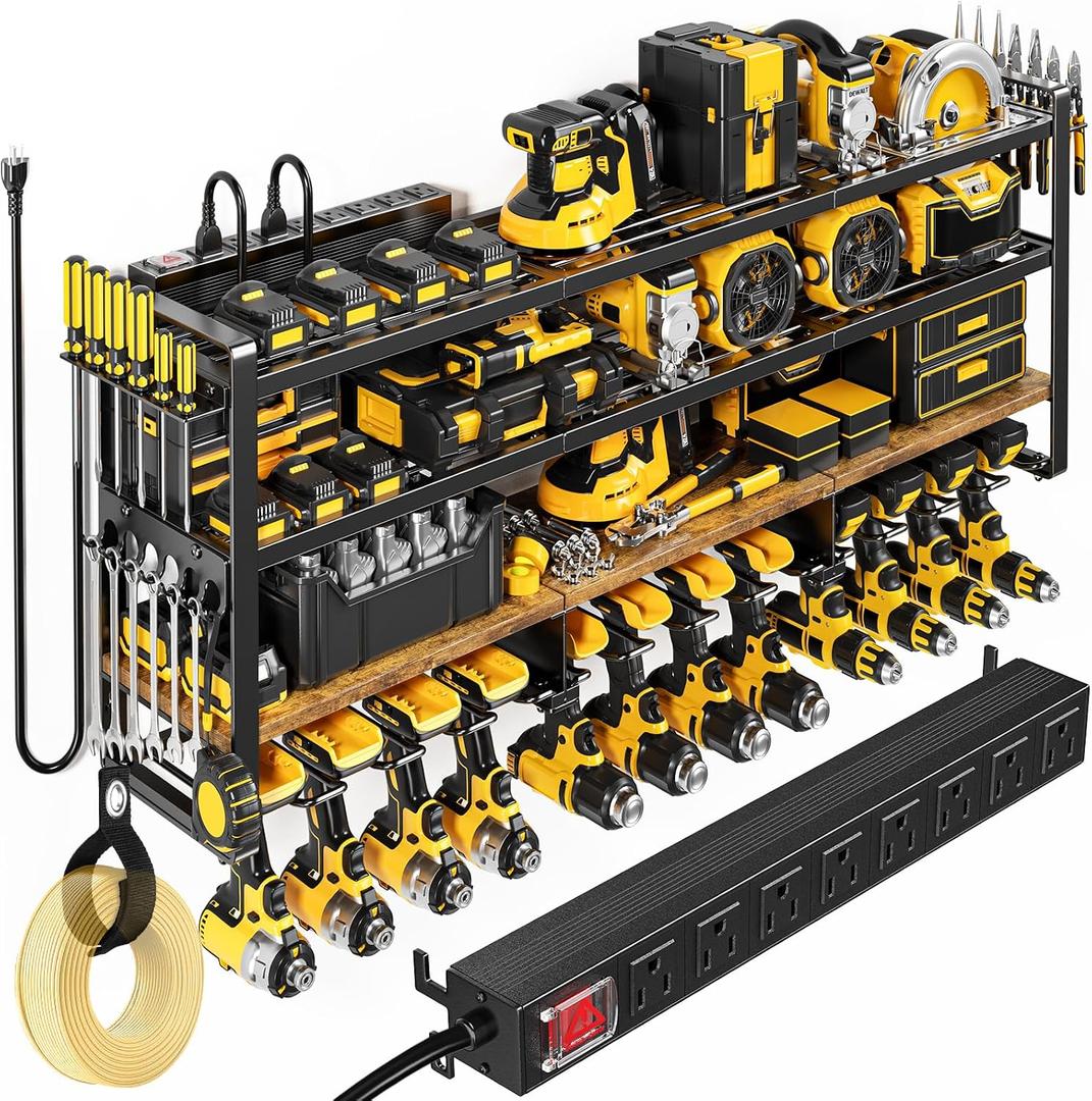 Power Tool Organizer Wall Mount with Charging Station, 4 Tier Tool Battery Storage Rack Built in 8 Outlet Power Strip for Garage, 49" W, Black Wood