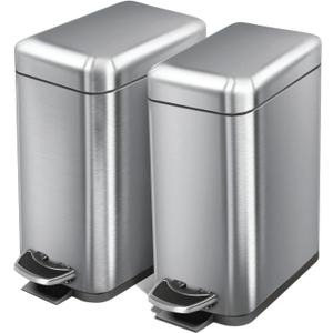 Home Zone Living 2-Pack 1.3 Gallon Small Bathroom Trash Can with Lid and Step Pedal, Stainless Steel Wastebasket with Slim Design for Home and Office, Silver, 5 Liters