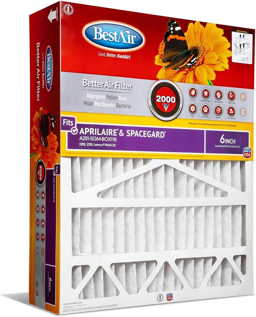 BestAir A201-SGM-BOX-11R A201-SGM-BOX11R Air Cleaning Furnace Filter with Cardboard Frame, MERV 11, for Aprilaire/SpaceGard 2200, 2250 (201) & Lennox PMAC-20C 24", 20" x 25" x 6", Single Pack BestAir A201-SGM-BOX-11R A201-SGM-BOX11R Air Cleaning Furnace Filter with Cardboard Frame, MERV 11, for Aprilaire/SpaceGard 2200, 2250 (201) & Lennox PMAC-20C 24", 20" x 25" x 6", Single Pack
