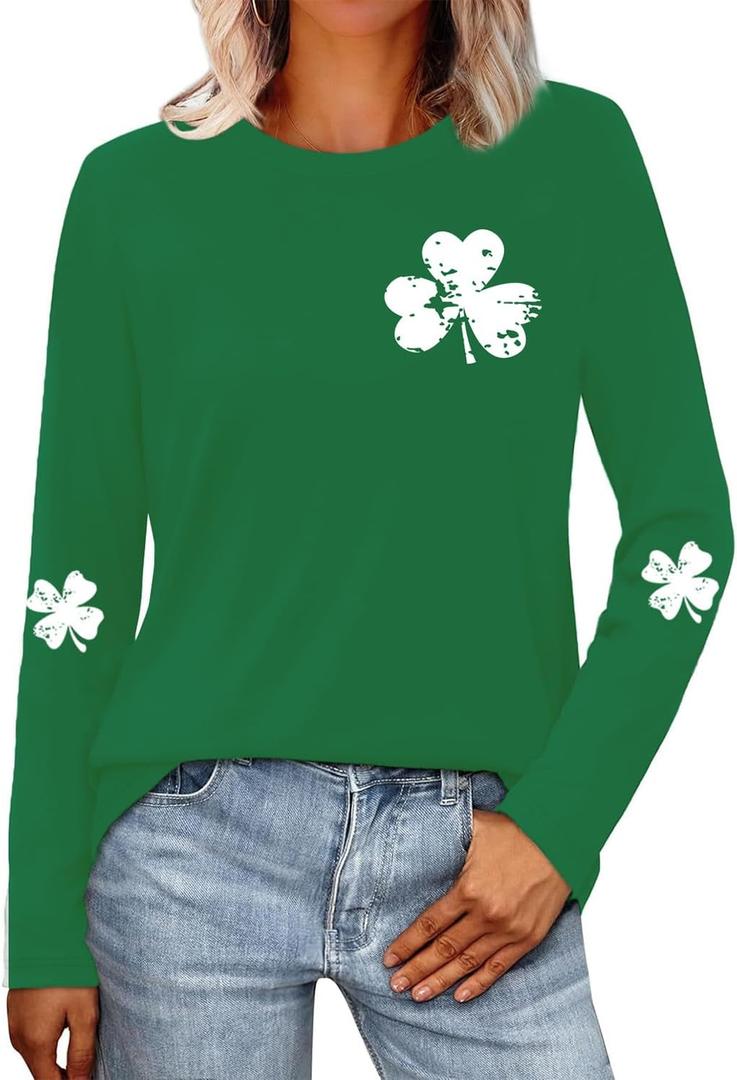St Patricks Day Shirt for Women Lucky Shamrock T-Shirt Long Sleeve Irish Clover Heart Tee Top (XL)