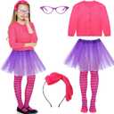JenPen 5 Pcs World Book Day Cartoon Cosplay Costumes for Kids Rose Red Long Sleeve Cardigan Purple Tutu Skirt Striped Tights Bow Headband Glasses Frame for Children World Book Day Dress up Outfit