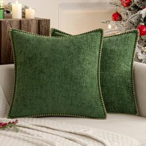 MIULEE Pack of 2 Christmas Couch Pillow Covers 18x18 Inch Moss Green Farmhouse Decorative Throw Pillow Covers with Stitched Edge Soft Chenille Solid Dyed Pillow Covers for Sofa Bed Living Room