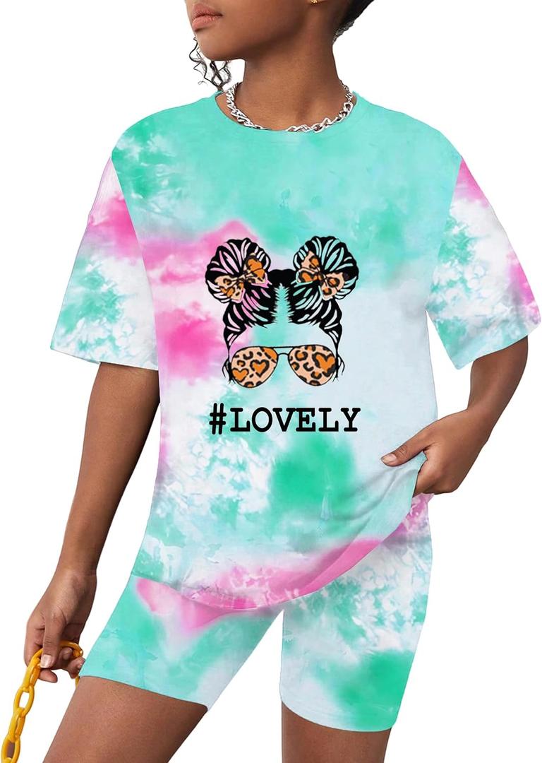 Girl 2 Piece Outfits Toddler Girl Clothes Oversized Short Sleeve T Shirt Active Running Bike Short Sets 5-12Y
