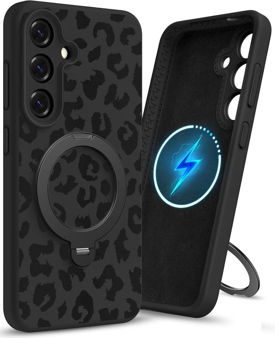 Uppuppy for Samsung Galaxy S25 Case - Liquid Silicone Compatibe with Magsafe Phone Case with Magnetic Stand and Camera Cover Cute Women Girly Kickstand Soft Cover for S25, Leopard
