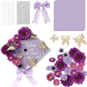 Gersoniel DIY Graduation Cap Decorations Kit 3 Construction Paper 15 Faux Assorted Flowers 3D Butterfly Pearl Rhinestone Bow Glitter Letter Stickers for DIY Hat Grad Cap Topper(Purple)